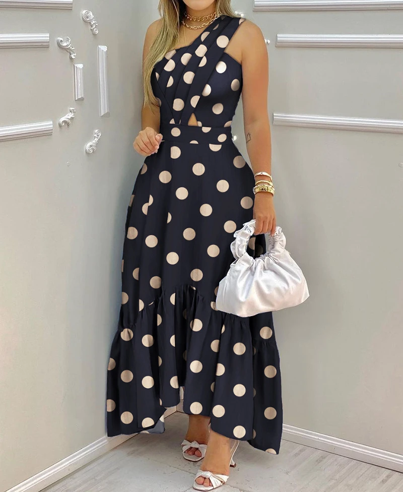 One Pieces Dresses Women Leveless Polka Dot Print Cross Waisted Hollowed Out Design Long Fashion and Casual Dress Summer 2024