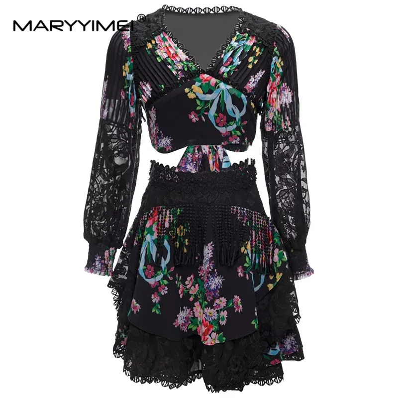 MARYYIMEI Fashion Spring Women's Suit V-neck Long sleeved Lace Embroidery Sexy Short top＋Ruffles Skirt Print Two-piece suit