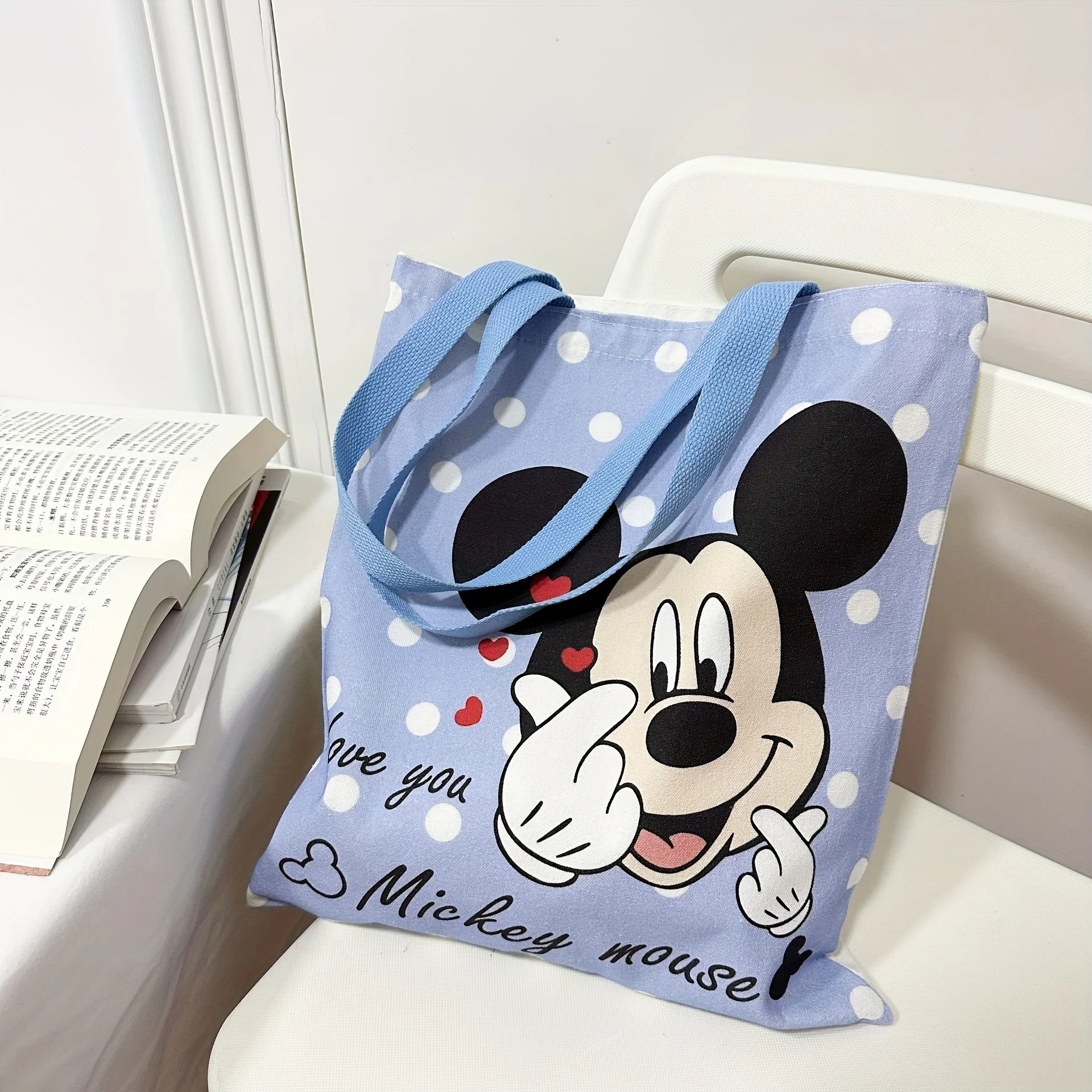 MINISO Disney Adorable Mickey Minnie Canvas Bag Multi Use Secure Drawstring Shoulder Tote for Shopping School Portable Bag