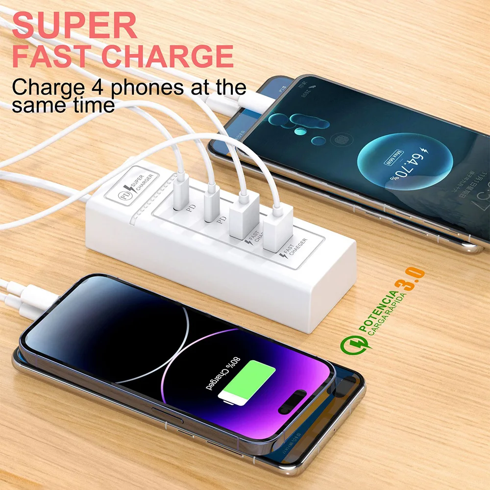 4 in 1 USB Charger Type C Fast Charger Wall Chargers Power Socket Adapter 3.0 Charger For iPhone EU US Plug Mobile Phone Charger