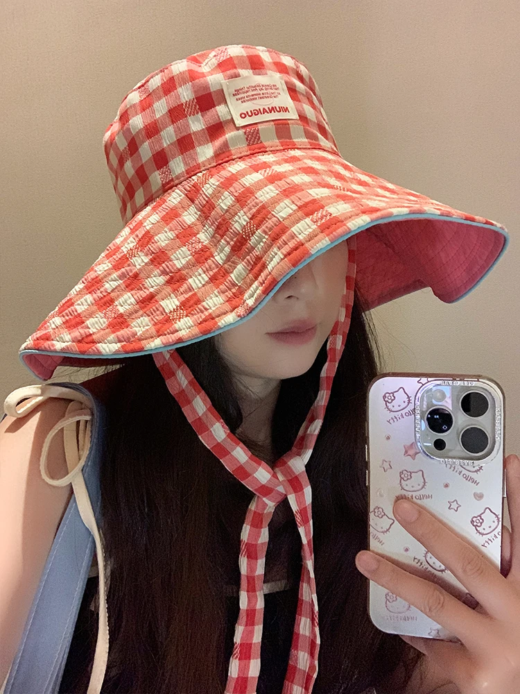 Korean Style Wide Brim Plaid Knot Fisherman Hat Women's Summer Large Brim Face Slimming Sun Protection Hat Sunshade Cap Bowl Hat