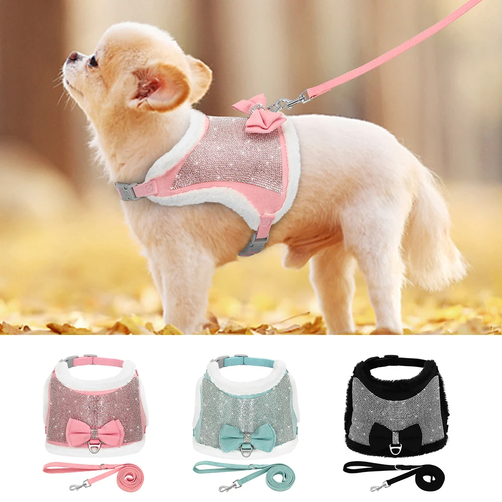 

Bling Rhinestone Dog Harness Leash Set Cute Bowtie Puppy Cat Vest Harness Warm Fur Padded Vests With Pet Walking Leash Rope