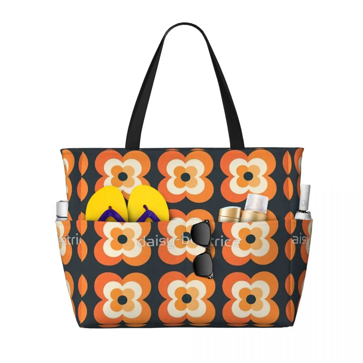 

Retro Flowers Orange And Charcoal Beach Travel Bag, Tote Bag Fashionable Practical Sports Birthday Gift Multi-Style Pattern