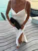Backless Satin Long Sling Dress Women V Neck Sleeveless Slit Solid Sexy Party Dresses 2026 Summer Lady Vacation Evening Robes