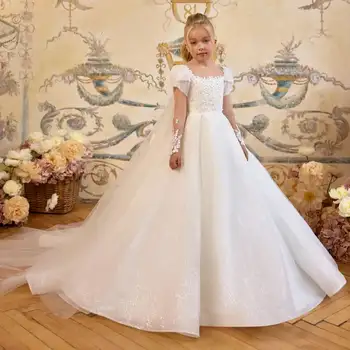 Lyxiga spetsklänningar för brudeflicka med omlottbalklänning för första nattvarden, klänningar för babyflicka, födelsedagsfest 10 best sales Girl first communion dress - №4