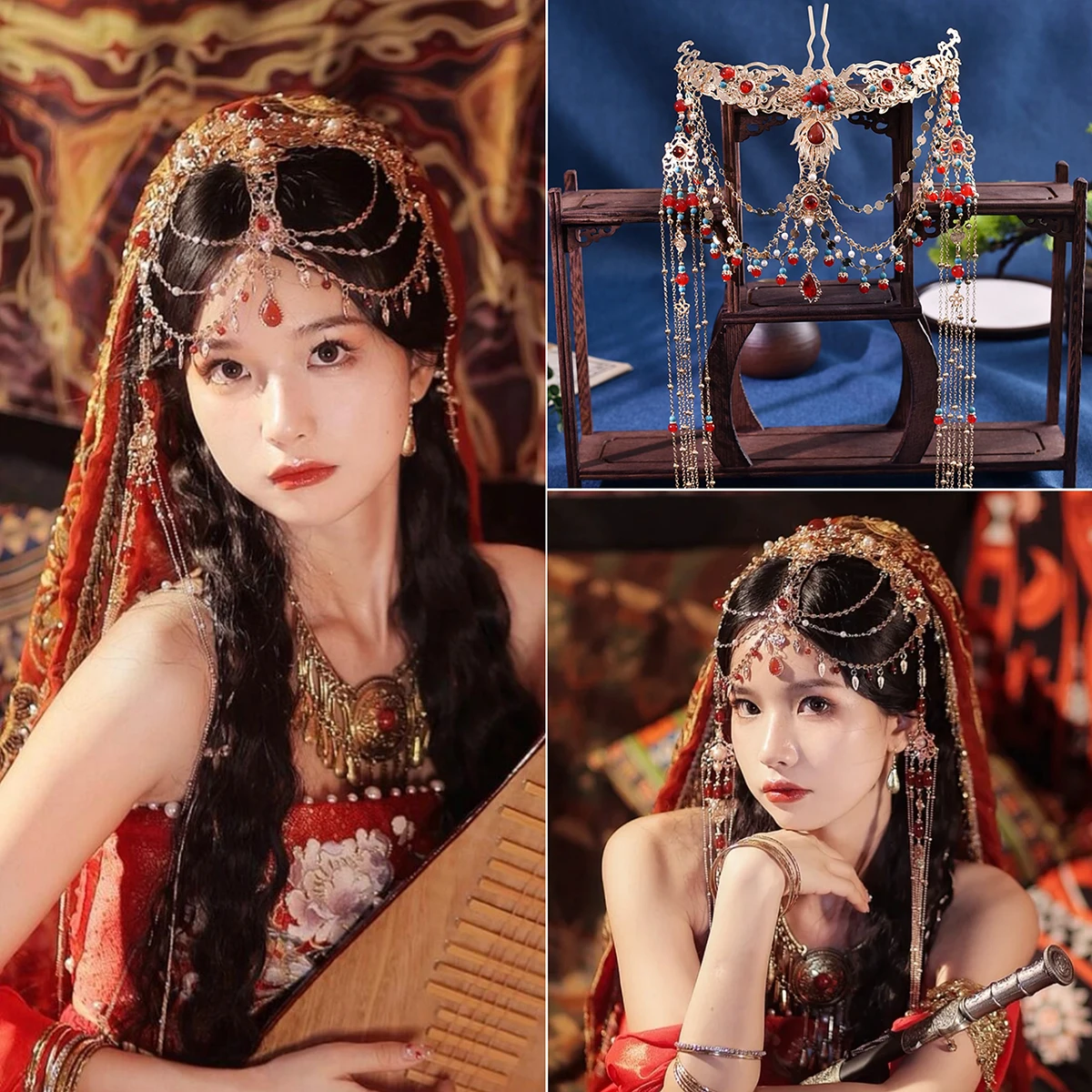 

Винтажная одежда принцессы в национальном стиле, западная одежда ханьфу на лбу, Дуньхуан, экзотическая танцовщица, кисточка, древний костюм, аксессуары для волос