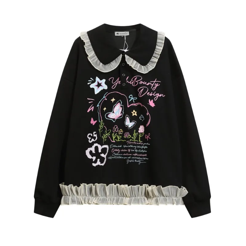 Korean Sweet Cute Lace Doll Collar Pullover Sweatshirt Women Fall Winter Loose Casual Long Sleeve Kawaii Aesthetic Print Clothes