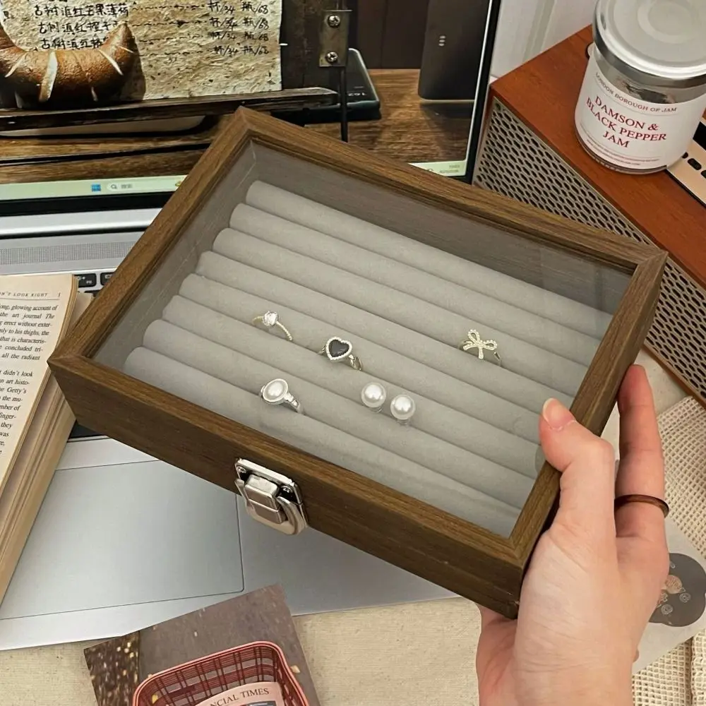 사각형 나무 보석 상자 대용량 유리 뚜껑 보석 디스플레이 트레이 보석 디스플레이 귀걸이 반지 디스플레이 홀더