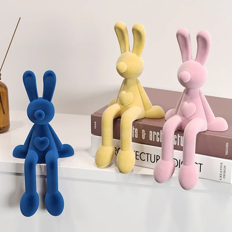 Creative Flocking Ceramic Rabbit Ornament  Sitting Long Eared Rabbit Living Room Entryway Office Decor Modern Art Decor For Gift