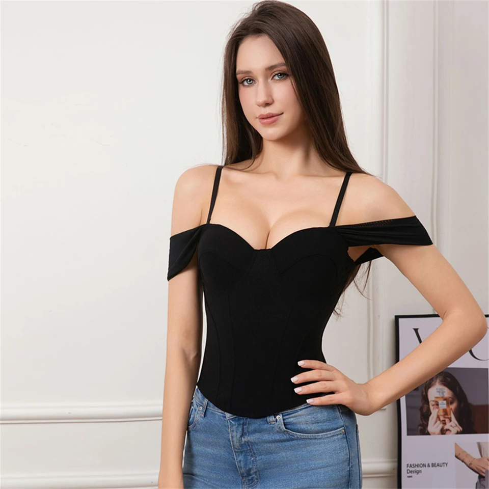 Becirzet Damen Schwarzes Korsett, Drahtloser BH, Sexy Off-Shoulder-Top, Vintage-Fischgrätenmuster, Taillenbetonendes Tanktop – Detail 9