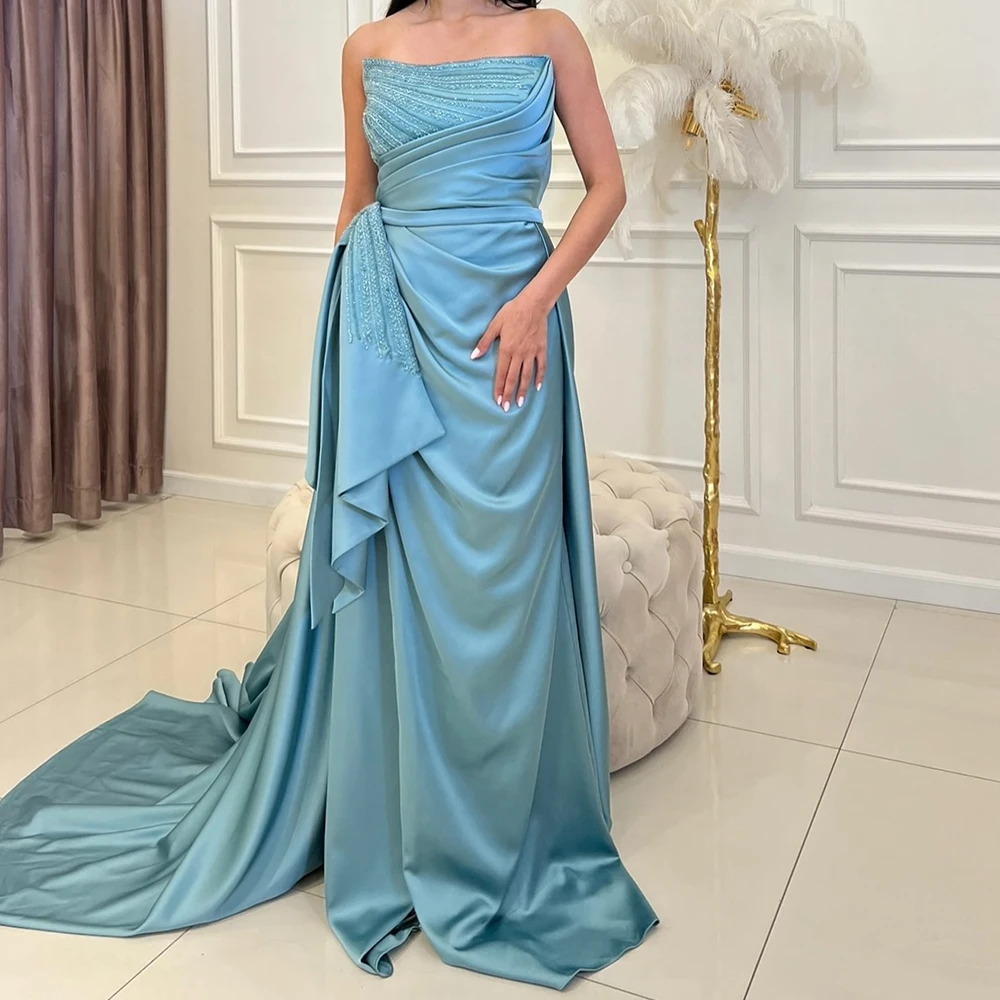 

Elegant Party Dresses Woman Straight Satin Sleeveless Floor Length Pleats Strapless Panel Train Solid Color Quinceanera Gowns