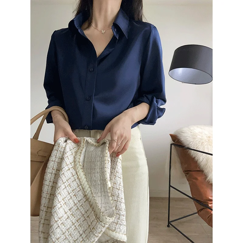 

Ele k Blue Satin Women's irt Spring Autumn New Sle Commute Sle Slimming Faionable Top Korean Loose Fit Button ...