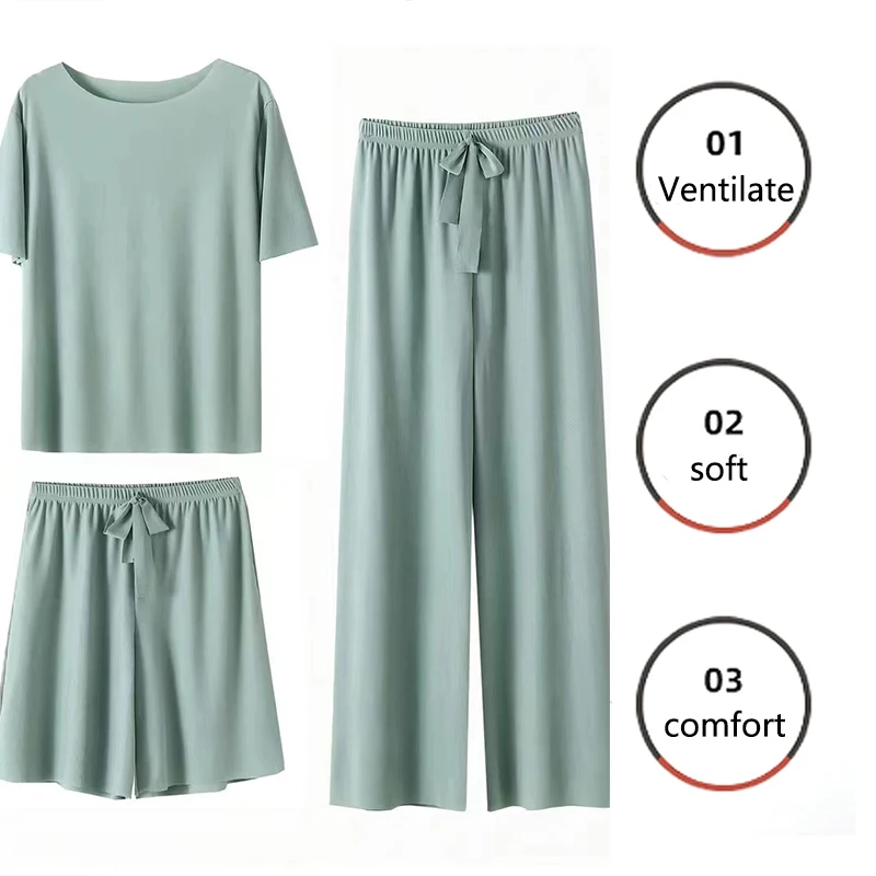 3pcs/Set Ice Silk Ladies Pajama Set Ladies Homewear Simple Casual Comfortable Loose Short Sleeve Shorts Pants Set School pajamas