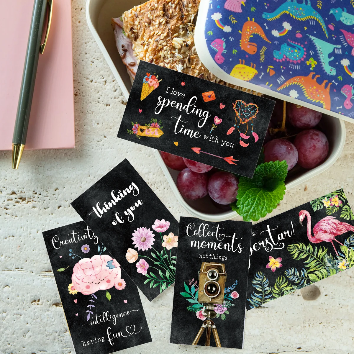 60pcs Inspirational Cards Motivational Lunch Box Notes,Chalkboard Message Cards with Quotes,Positive Affirmations Card for Women