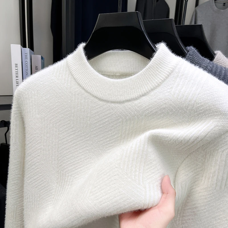 

High quality fashion exquisite jacquard sweater men's winter plush warm round neck Korean casual solid color knitted pullover