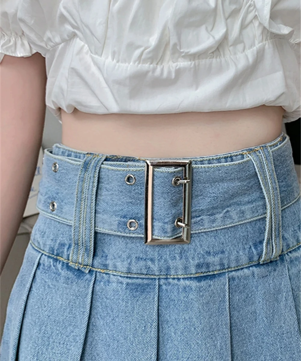 İlkbahar yaz 2024 yeni yüksek bel kadın Denim kısa etekler kuşaklı kot etekler kadın pileli seksi Mini etek Y2k etek