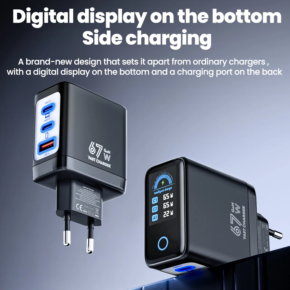 67W USB Type C GaN Charger Fast Charging LCD Digital Display Phone Charger For iPhone Samsung Laptop UK/EU/US Wall Charger