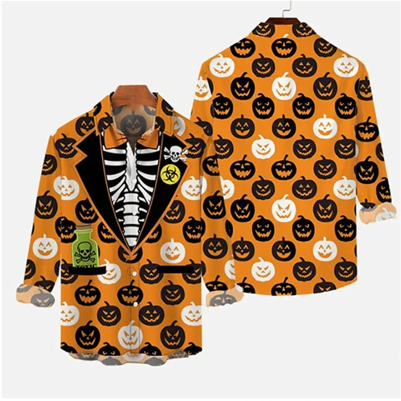 

Halloween Shirt Pumpkin Vintage Button Soft Comfortable Breathable Casual Gift Men Fashion Suit Tie Skull Shirt T-Shirt 2023