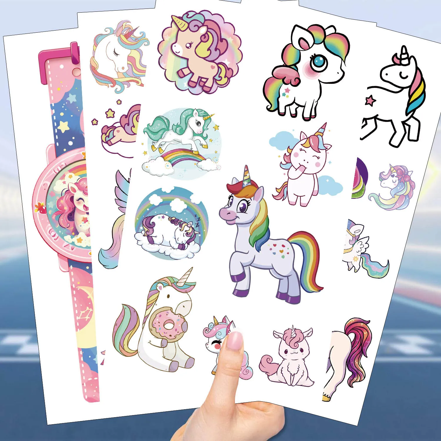 Pegatinas de tatuaje de unicornio para niños, tatuaje falso temporal, brazo, manos, cuerpo, juguetes de regalo, 10 hojas