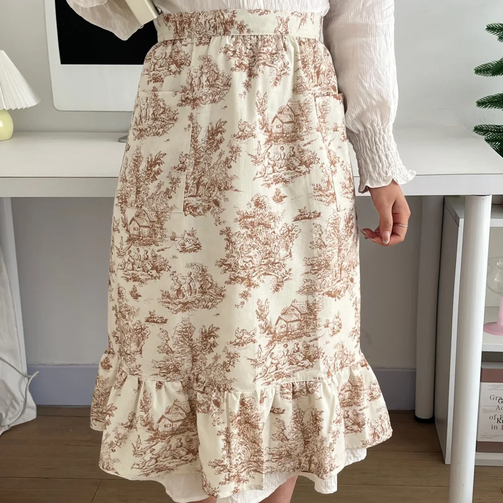 Ink Painting Cotton Apron Beauty Salon Art Ruffled Edge Workwear Home Kitchen Nail Art Baking Waist Apron