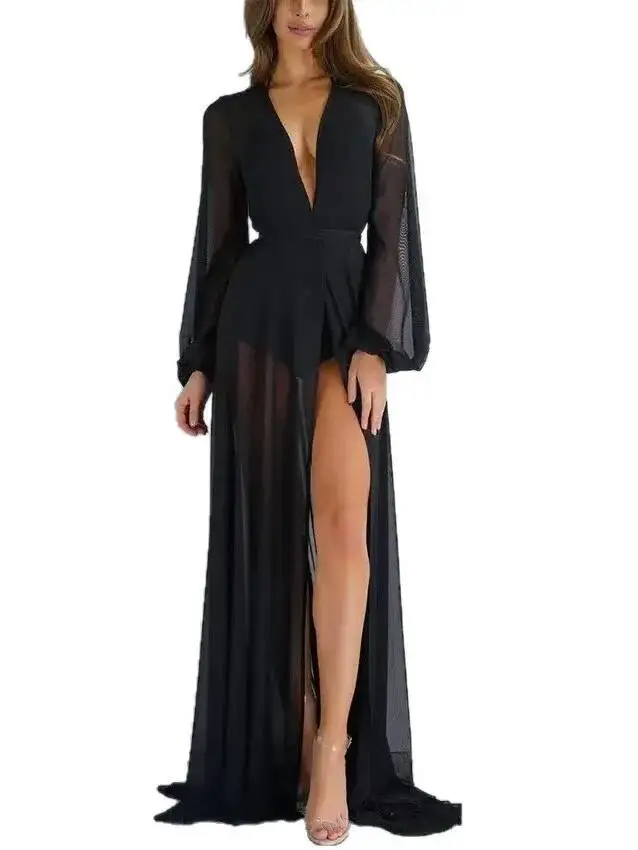 Women's Fashion Sunscreen Cover-Up Dress Beach Long Dress Mesh Cardigan Chiffon Transparent Long Sleeved Dress Elegant UI7Y