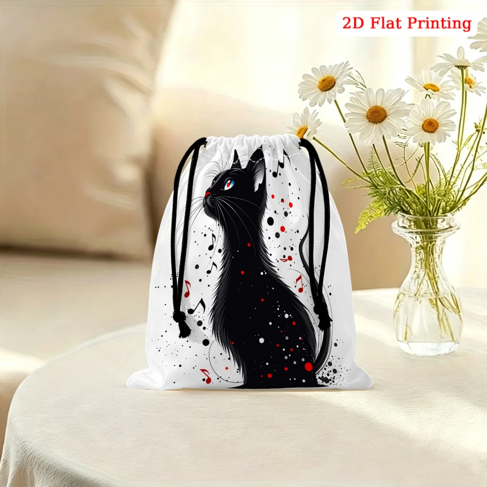 1Pc Black Cat Pattern Drawstring Bag White 2D Flat Print Storage Small Pouch For Glasses Cosmetics Jewelry Travel Organizer Port