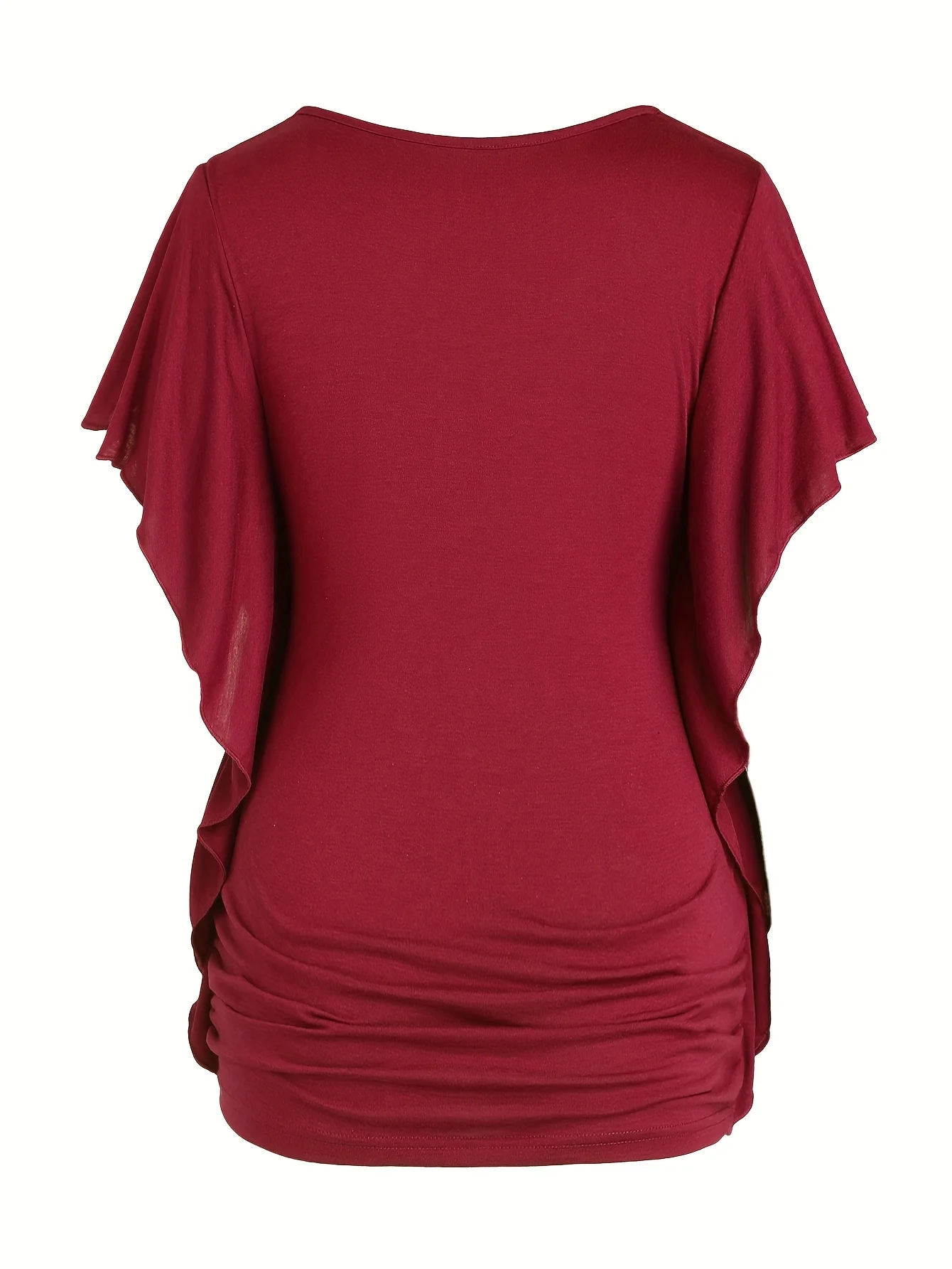 2025, beliebter Stil, großes Damen-T-Shirt mit Schmetterlingsärmeln, Rüschen und Falten, einfarbig, schräge Knopfleiste – Detail 14
