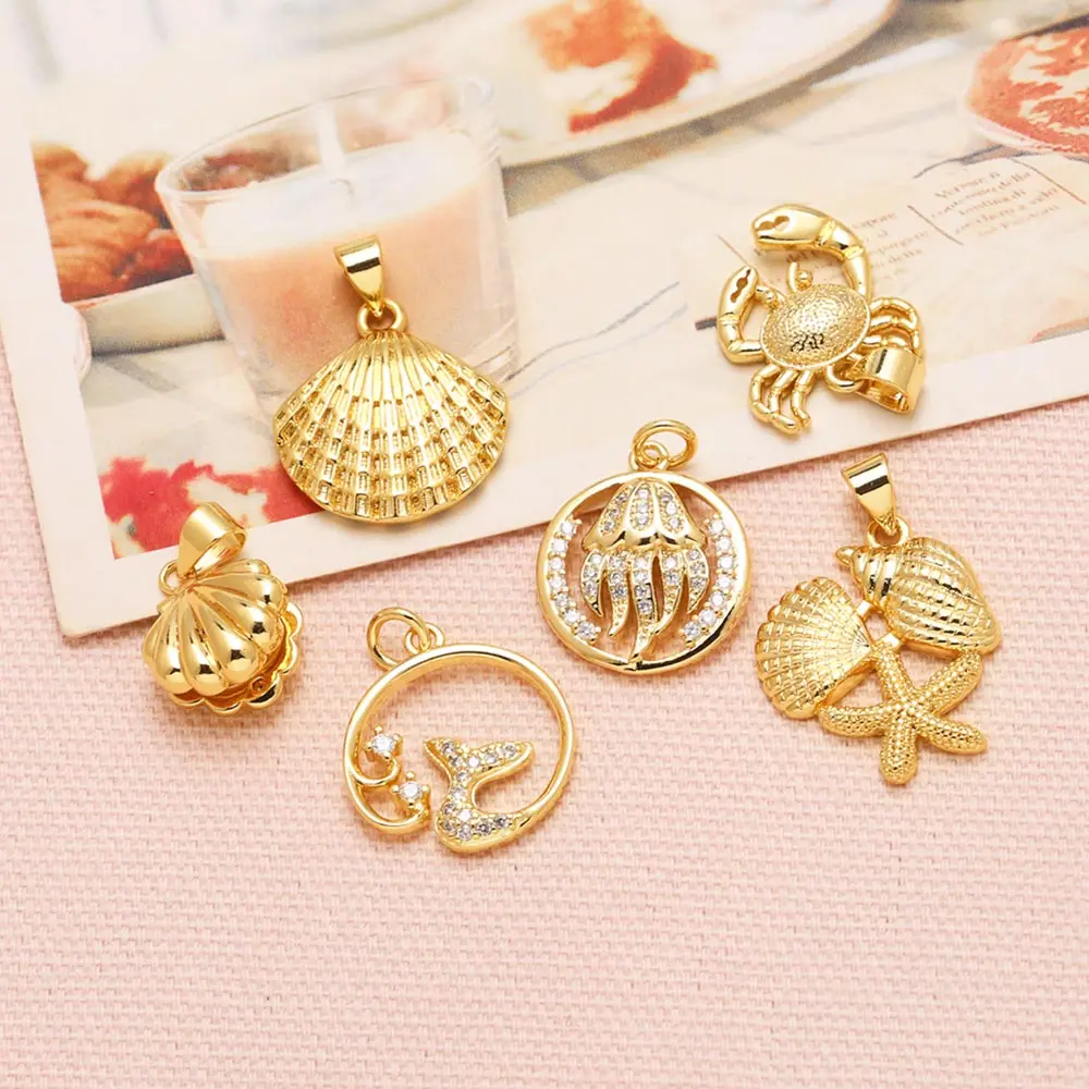 OCESRIO White Crystal Jellyfish Whale Tail Pendant for Necklace Copper Gold Plated Crab Shell Jewelry Making Supplies pdta819