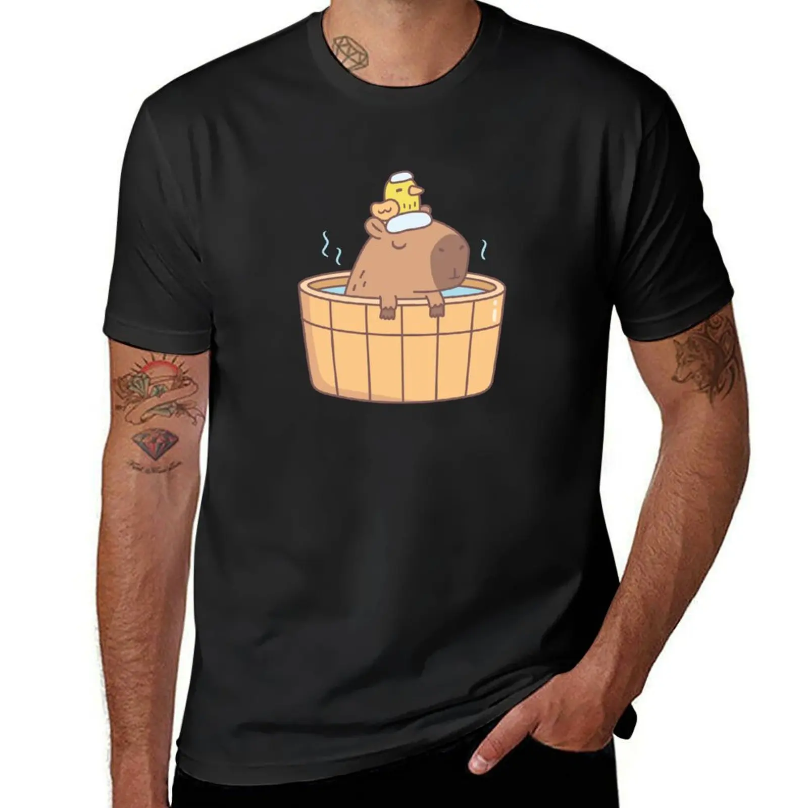 Cute Capybara and Bird Relaxing in Hot Bath Spa Soak T-Shirt funnys kawaii clothes men clothing