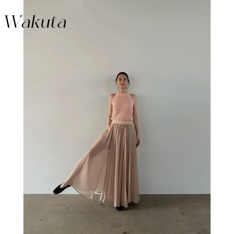 WAKUTA Japanese Lazy Romantic Floating Bustier Skirt Comfortable Light Slim Pleated Vacation Umbrella Skirt 니트 스커트 Pleated Skirt