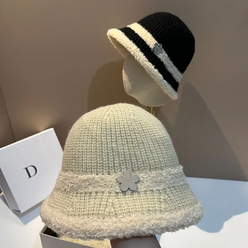 

Sherling Bucket Hat Women Winter Warm Color Block Wide Brim Fisherman Hat Adjustable Face Coverage Faux Fur Free Shipping​​