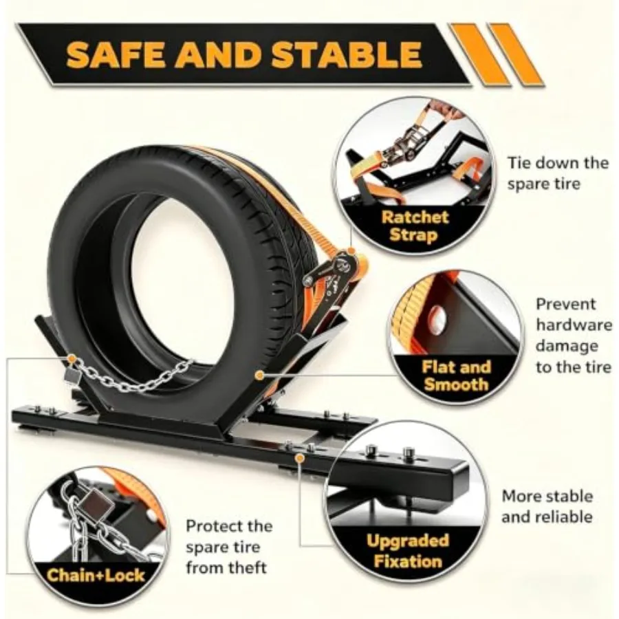 Heavy Duty Semi Truck Spare Tire Rack for Trailers Trucks Steel Black Adjustable 25.127.1 Fit with Ratchet Strap, Chain Lock view 4