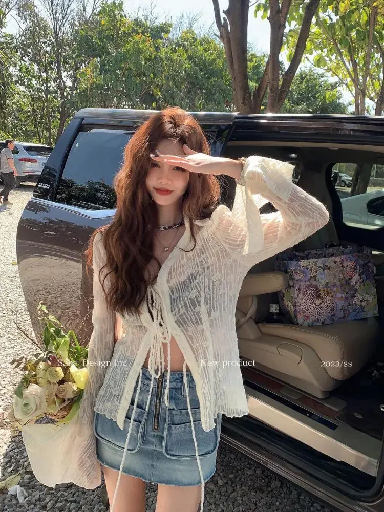 Gothic Lace Shirt Vintage Blouse Women Y2k Black Tops Lcae Up Fairycore Shirt Flare Sleeve See-through Blusas Female