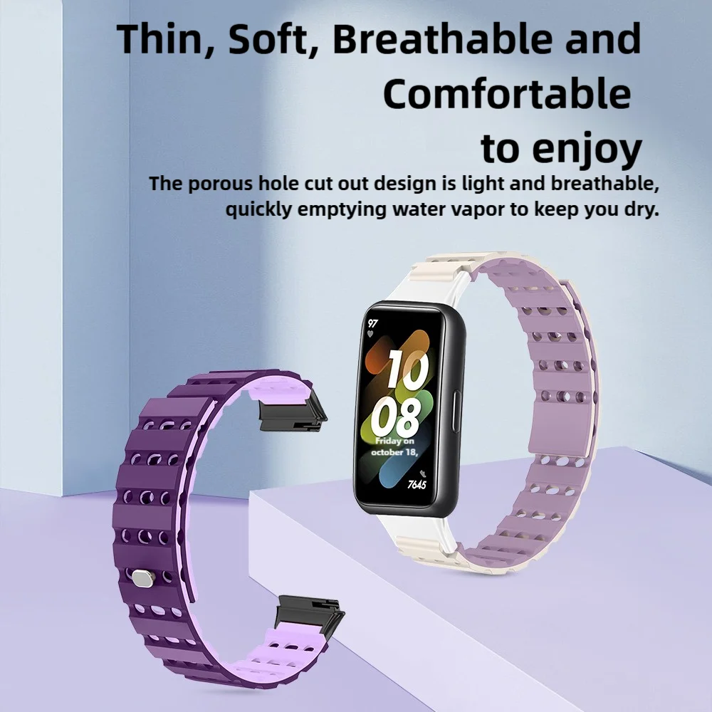 Magnetic Watch Strap For Huawei Band 7 Air Hole Soft Silicone Quick Release Breathable Replacement Wristband Sport Smartwatch