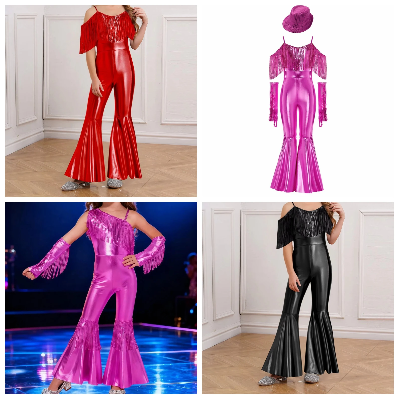 

Girls Fashion Romper Sequins Tassels Sparkly Jumpsuits 60s 70s Disco Party Outfit Festival Costumes Girls Shinny Flared Jumpsuit