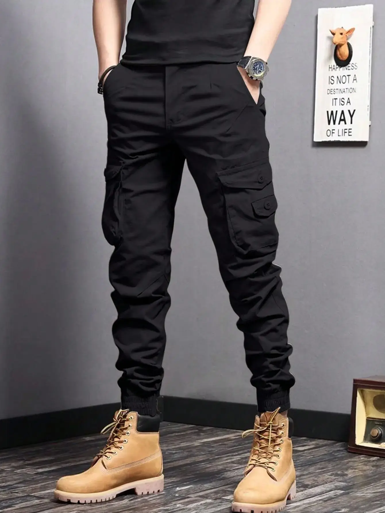 

Casual Tapered Cargo Pants for Men with Side Flap kets Workwear Straight Leg Youthful Energy Sle Eighteen Length