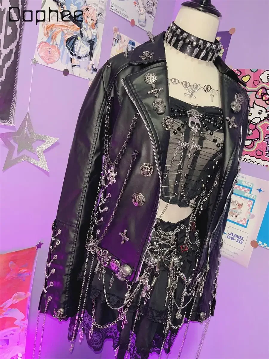 Punk Stil Y2K Spice Girl Subkultur Kette Revers PU Leder Jacke Schwere Industrie Metall Niet Zipper Kurze Lokomotive Mantel Frauen