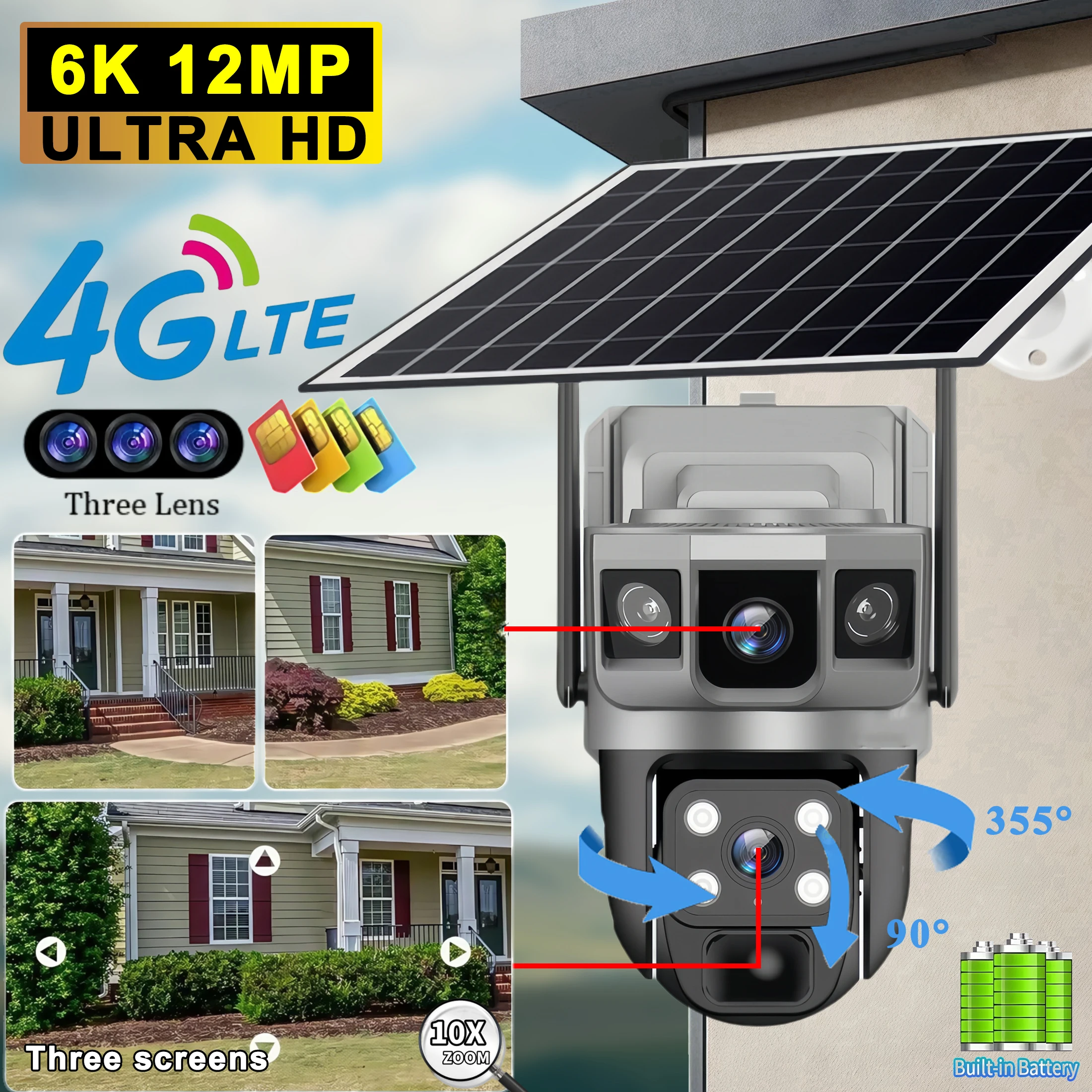Cámara IP solar de doble lente de 12MP, cámara web de seguridad para exteriores con tres pantallas, 4G, 6K, visión nocturna PIR, cámara de vigilancia doméstica impermeable, seguimiento automático, alarma y visión nocturna en color, cámara impermeable IP66, cámara de vigilancia 4G con batería recargable