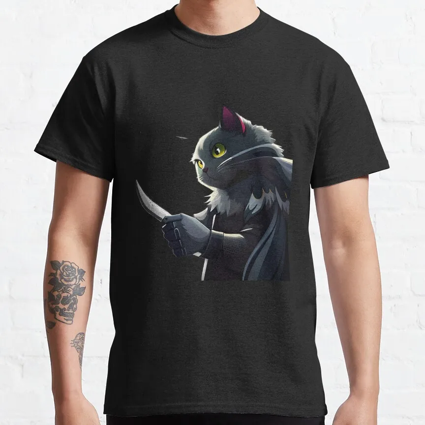 

Cat What Murderous Cat Black Cat with Knife Gift t shirt for Cat lover 100% cotton tee Short sleeve Graphic clothes All size top