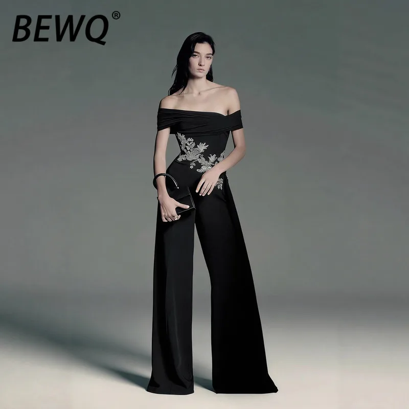 

BEWQ Fashion Women's Workwear Embroidered Beaded Sleeveless Slim Fit Solid Color Straight Jumpsuits 2026 Spring New