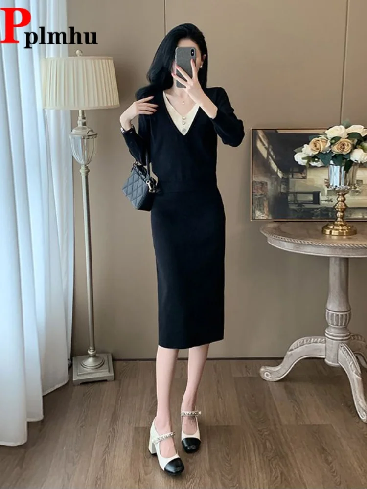 

Элегантный контрастный вязаный комплект из двух предметов с V-образным вырезом: повседневный облегающий модный костюм с юбкой прямого кроя с высокой талией