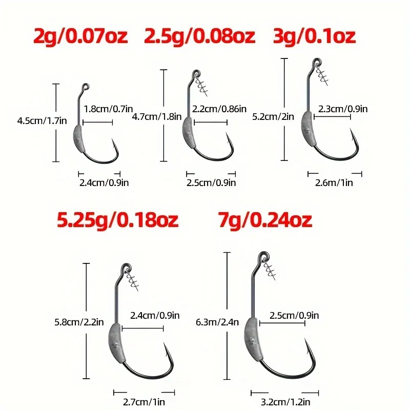 25 Stück/Box Metall-Jigkopf mit freiliegenden Haken, 2g-7g Gewichte, Crank-Offset-Angelhaken mit Widerhaken für Softbaits, Angelset, Angelzubehör – Detail 3