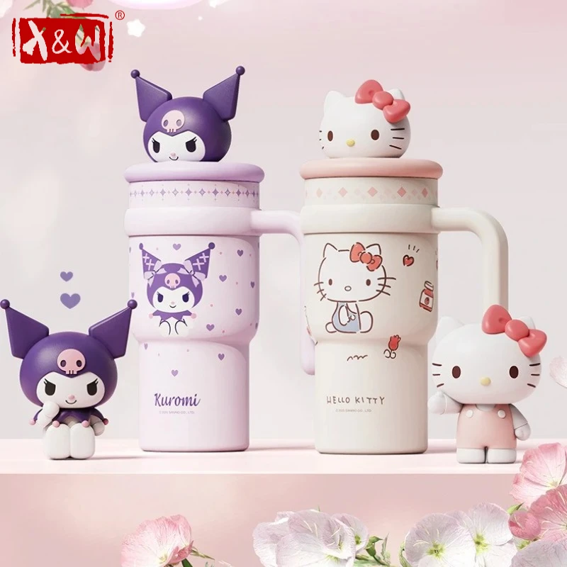 X&W 700ML Sanrio Thermosbecher aus Edelstahl, Cartoon-Isolierbecher mit Strohhalm, tragbar, hält Kalt & Heiß, Eis-Kämpfer-Autobecher