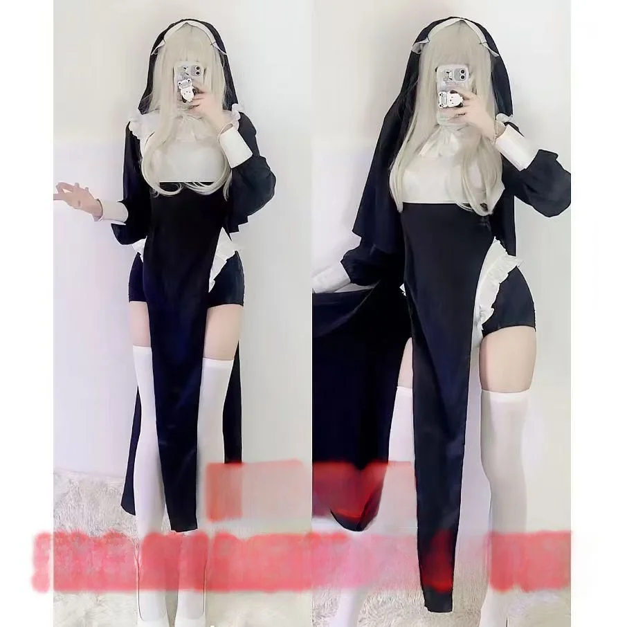 Sexy Nun Cosplay Costume Tight Suit Halloween Transformation Nun Cosplay Clothing Sister Costume Religious Cosplay Dress