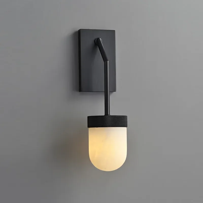 Modern Black Metal Alabaster Wall Lamp Fixed Arm Sconce for Bedroom Living Room Corridor Bathroom Home Decoration Lighting