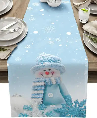 Christmas Snowflake Blue White Snowman Linen Table Runner Winter Xmas Dresser Scarf for Kitchen Party Christmas Decorations 2025