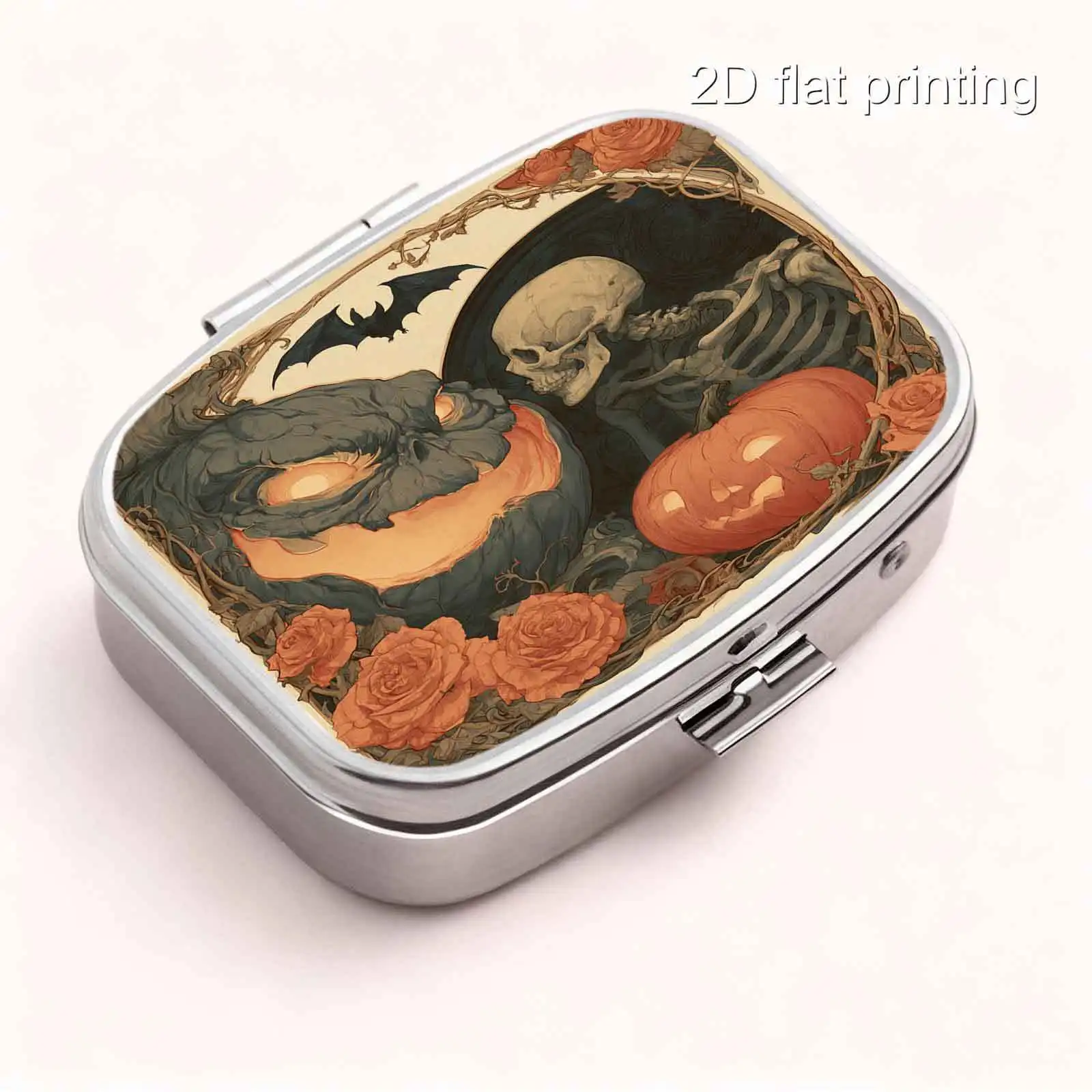 1Pc Flat Printing Pill Box, Portable Metal Material, Halloween Vintage Paper-Style Skull, Pumpkin, Bat Square Print, Retro Distressed Texture Square Design - Pocket-Sized Pill Box - Essential Medicine - Compact Creative Trinket Box - Small Particle Storage - Compartment Design - Compartmentalized Storage - Lightweight and Convenient to Carry