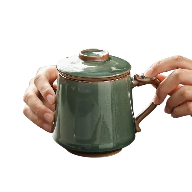 Traditional Chinese Celadon Ceramic Office Tea Cup with Lid and Handle 410ml Porcelain Coffee Mug for Home Office Gift