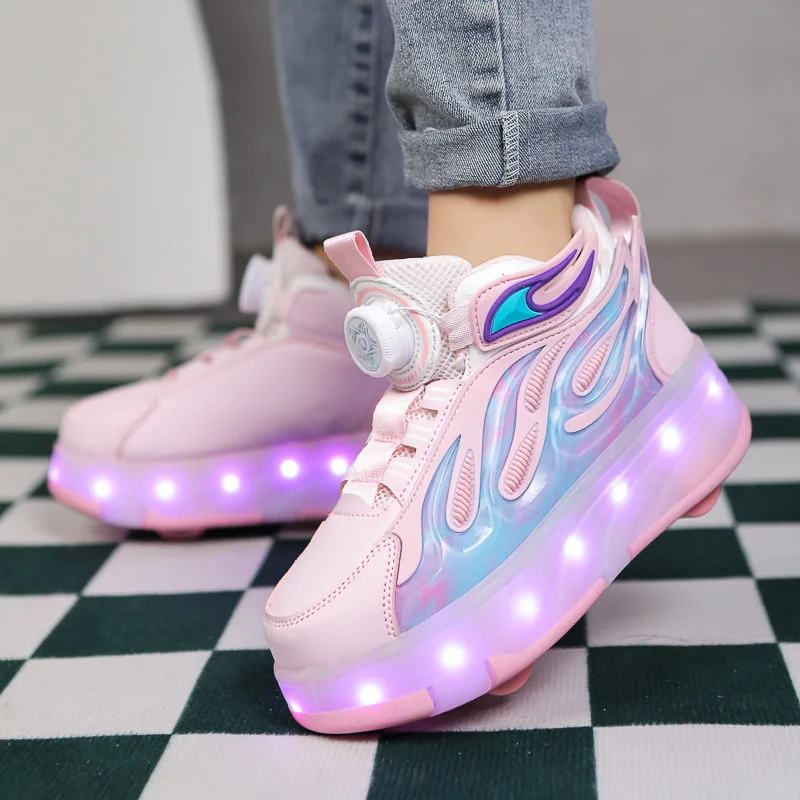 Roller Skate Kids Sneakers 4 Wheels USB Charge Illuminated Shoes Outdoor Sports Roller Shoes Boy Girl Casual Luminous Board Shoe