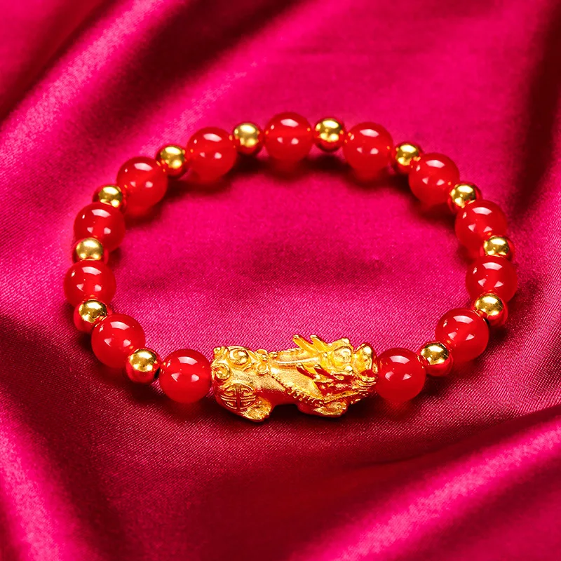 

24K Gold Handcrafted Pixiu Women's Bracelet, AU999 Pure - Trendy Handmade Style, Pixiu Biting Coins + Bead Refraction